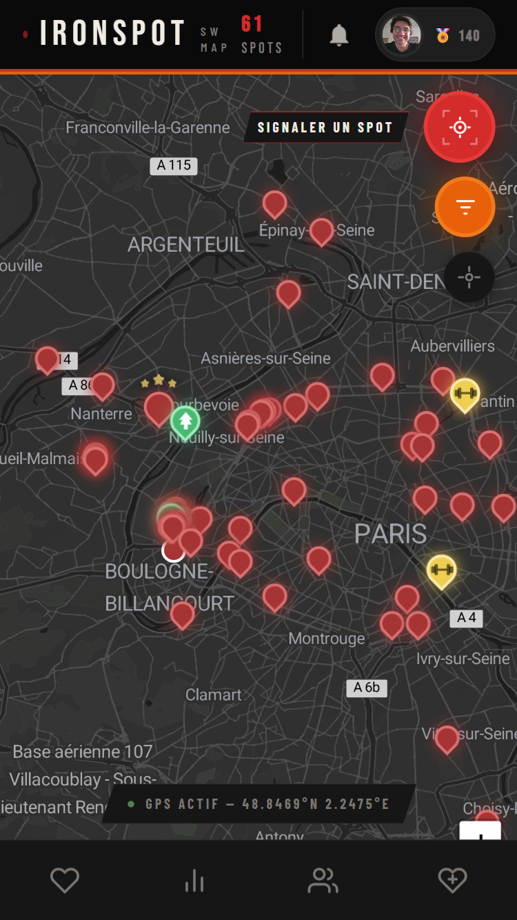 New IronSpot interface with bottom navigation bar and points counter